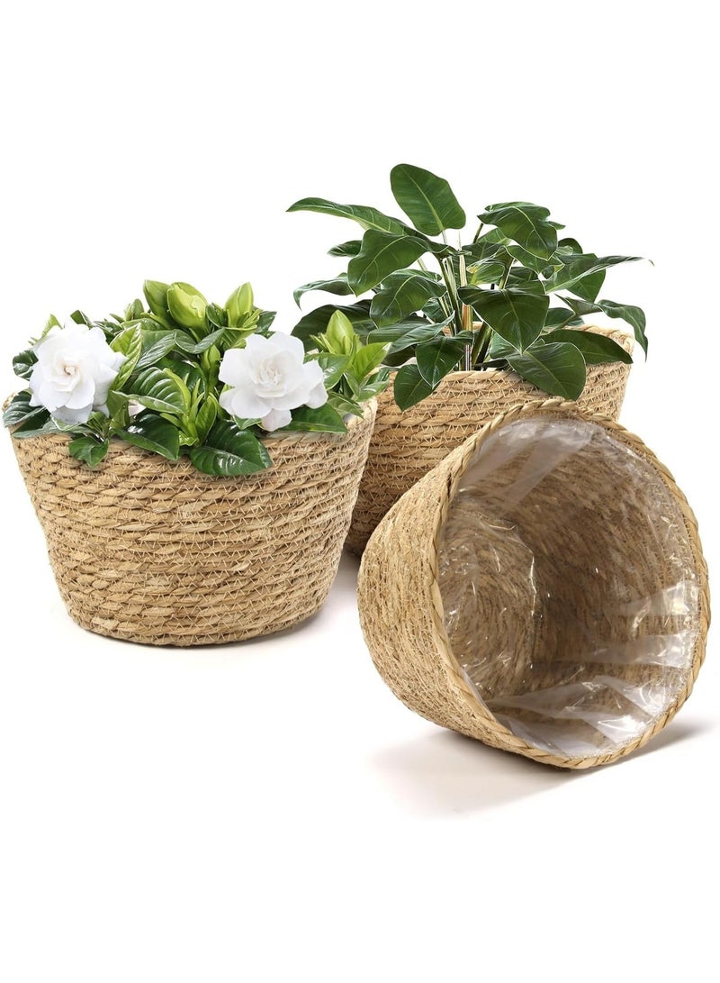 بيت إيزي مجموعة من 3 سلال نباتات، سلال زراعة داخلية منسوجة مع بطانة بلاستيكية، وأواني زخرفية من زهرة الزنبق المائي وقشور الذرة لديكور المنزل الريفي وديكور النباتات على الأرض (اللون الطبيعي - 3) - Image 2